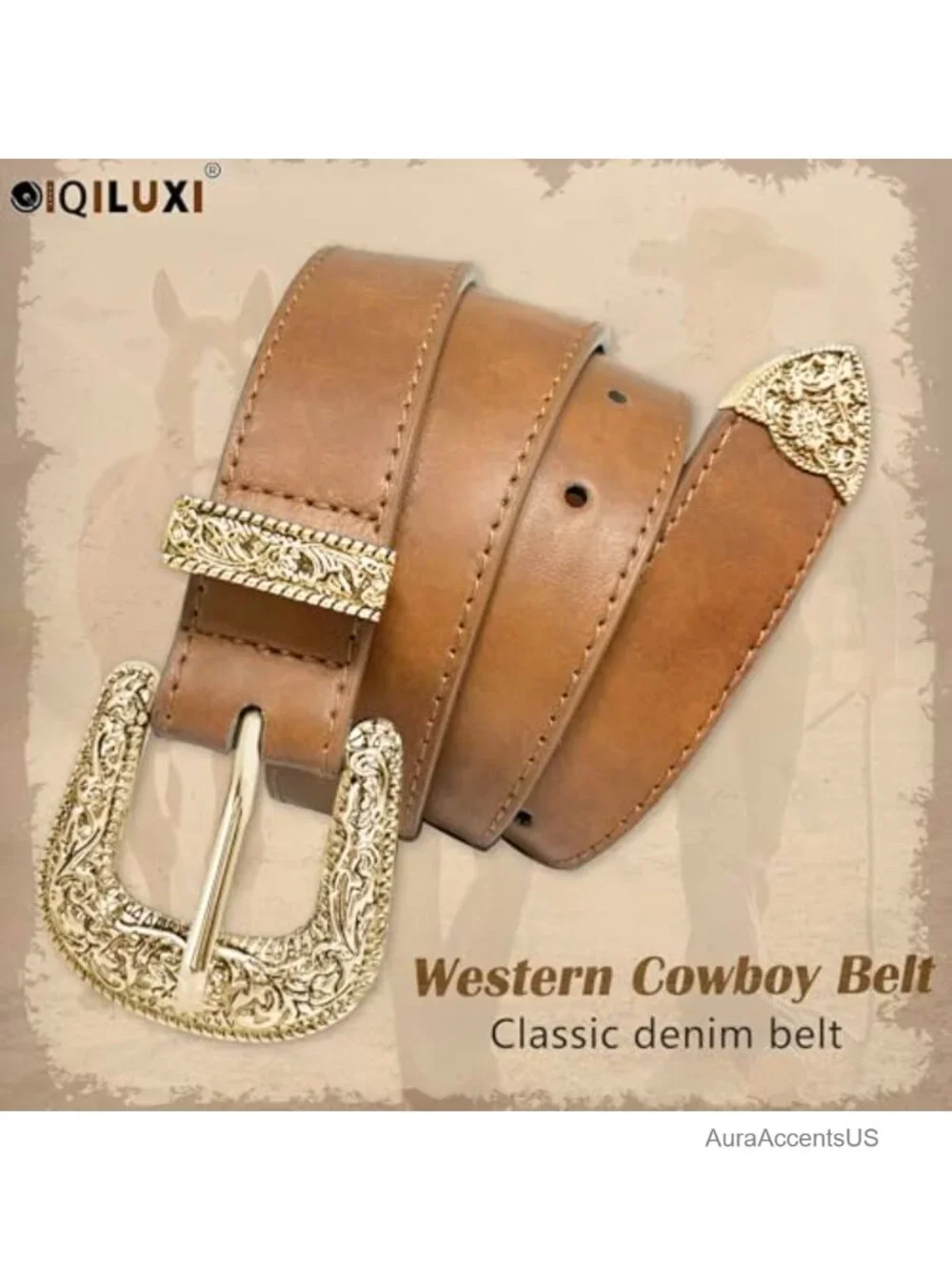 Western Cowgirl Belt PU Leather Engraved Buckle 1.2